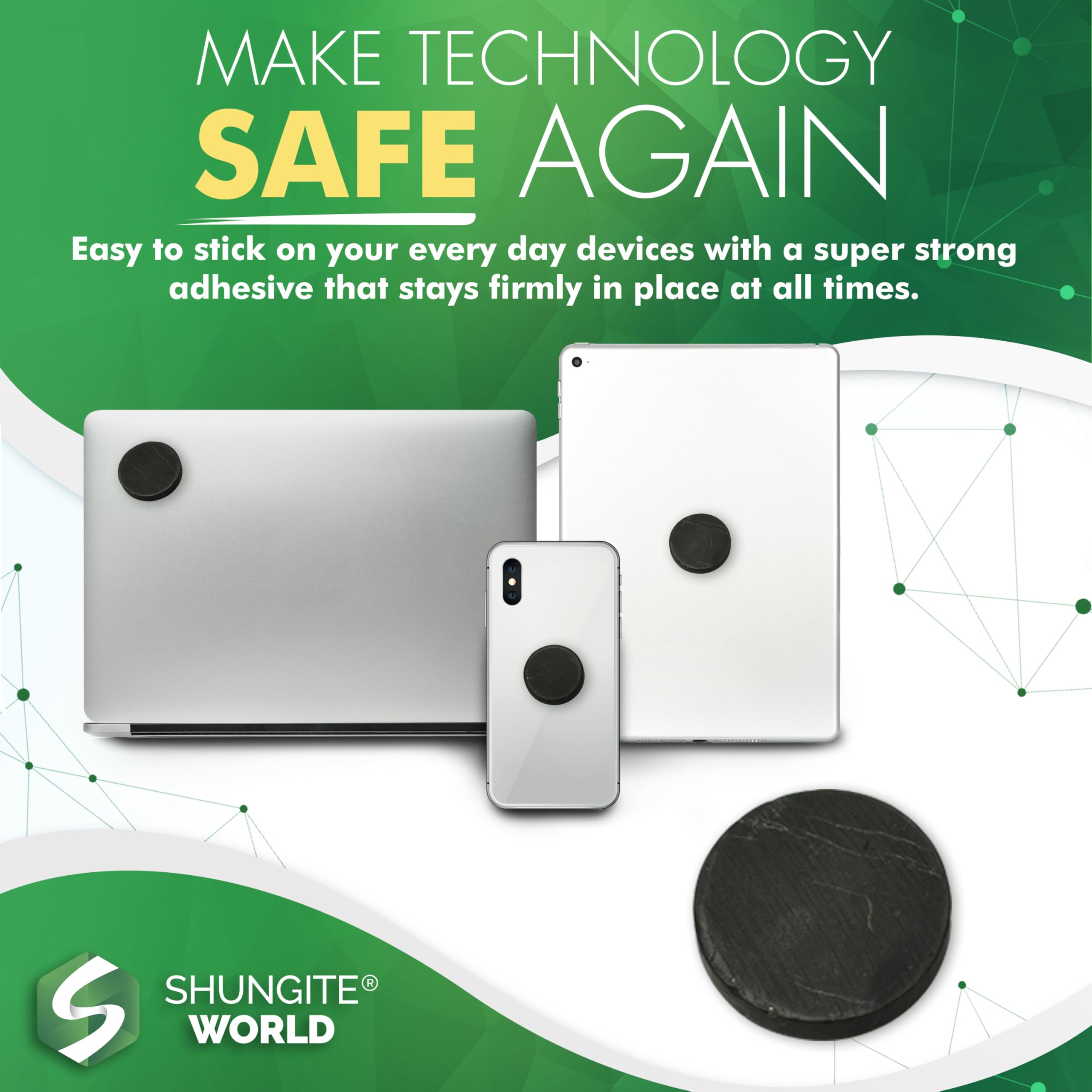 Shungite World sticker on router promoting stable, undisturbed Wi-Fi ambiance.