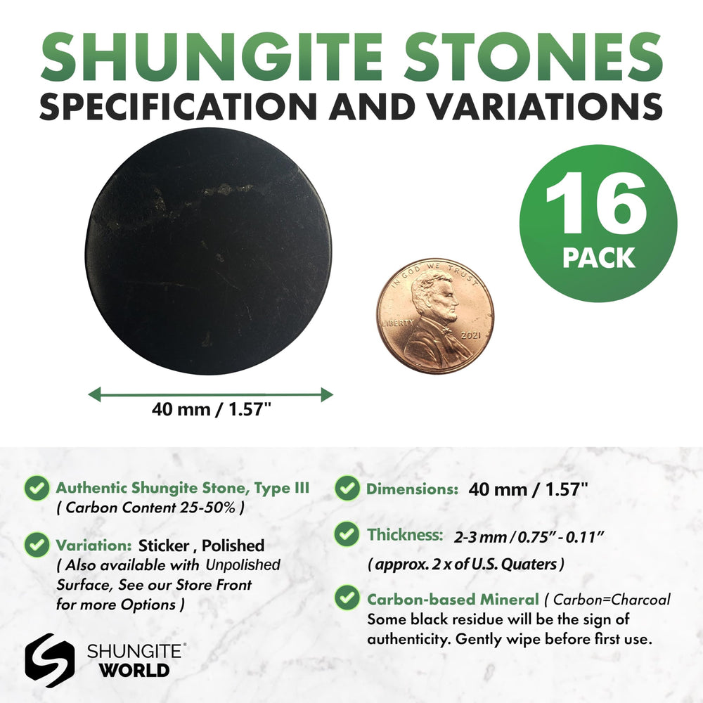Shungite World 16-piece self-adhesive stickers applied to a laptop for calm focus.