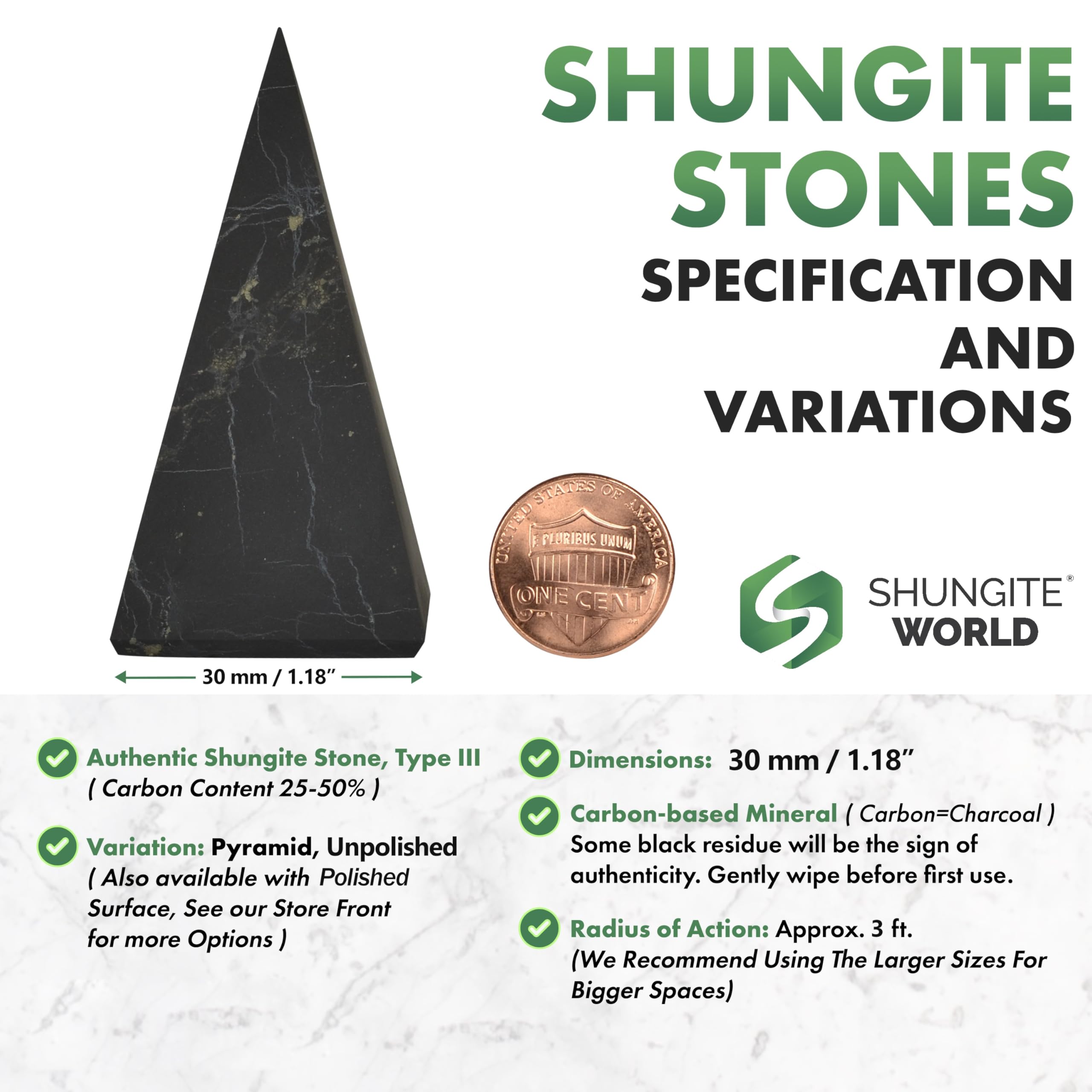 Shungite World tall pyramid 30mm chakra energy promotes calm focus at home or office