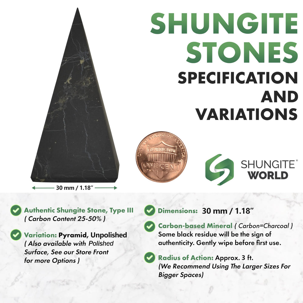 Shungite World tall pyramid 30mm chakra energy promotes calm focus at home or office