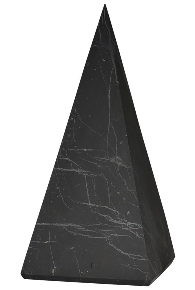 Shungite World tall 50mm pyramid closeup for energy balance at home.