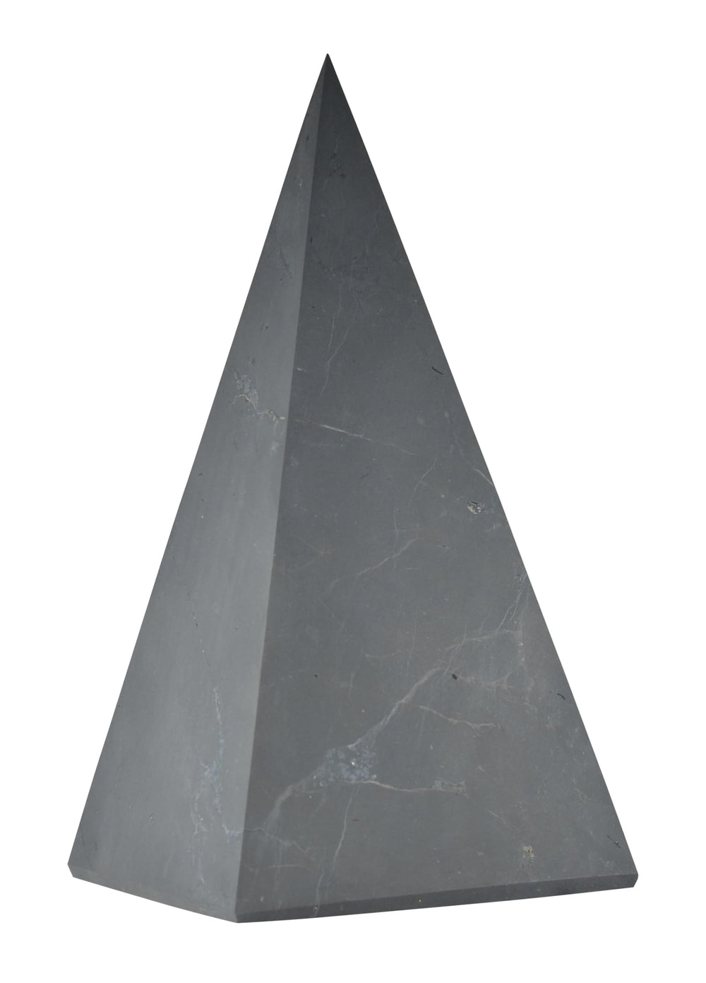 Shungite World tall pyramid unpolished 100mm on display for calm energy balance.