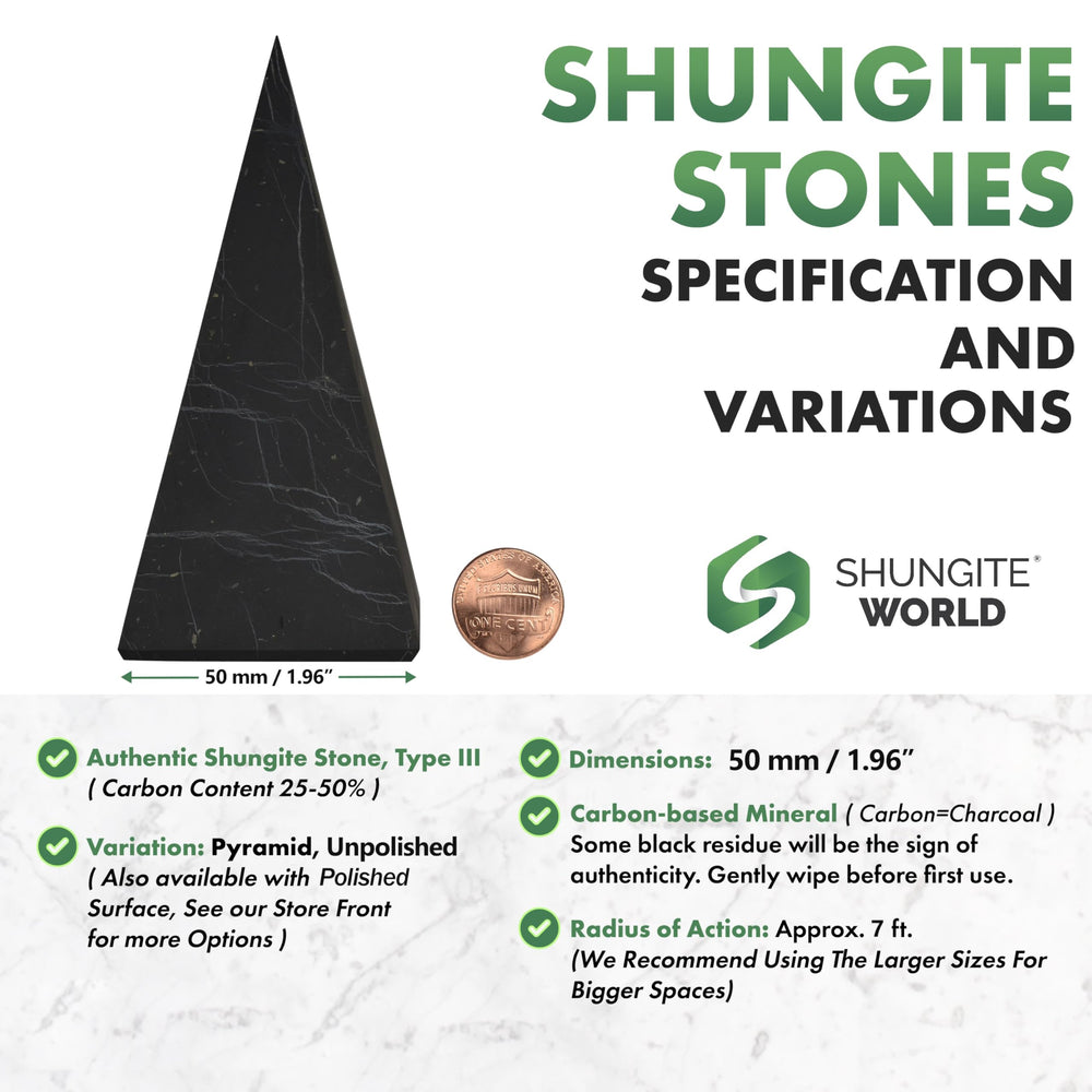 Shungite World unpolished pyramid 50mm angled view for grounding.