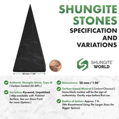 Shungite World unpolished pyramid 50mm angled view for grounding.