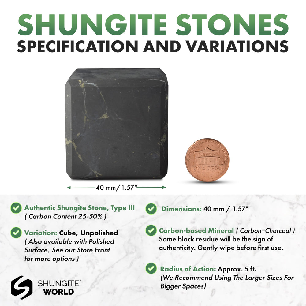 Shungite World unpolished shungite cube 40mm — grounding energy on the desk.