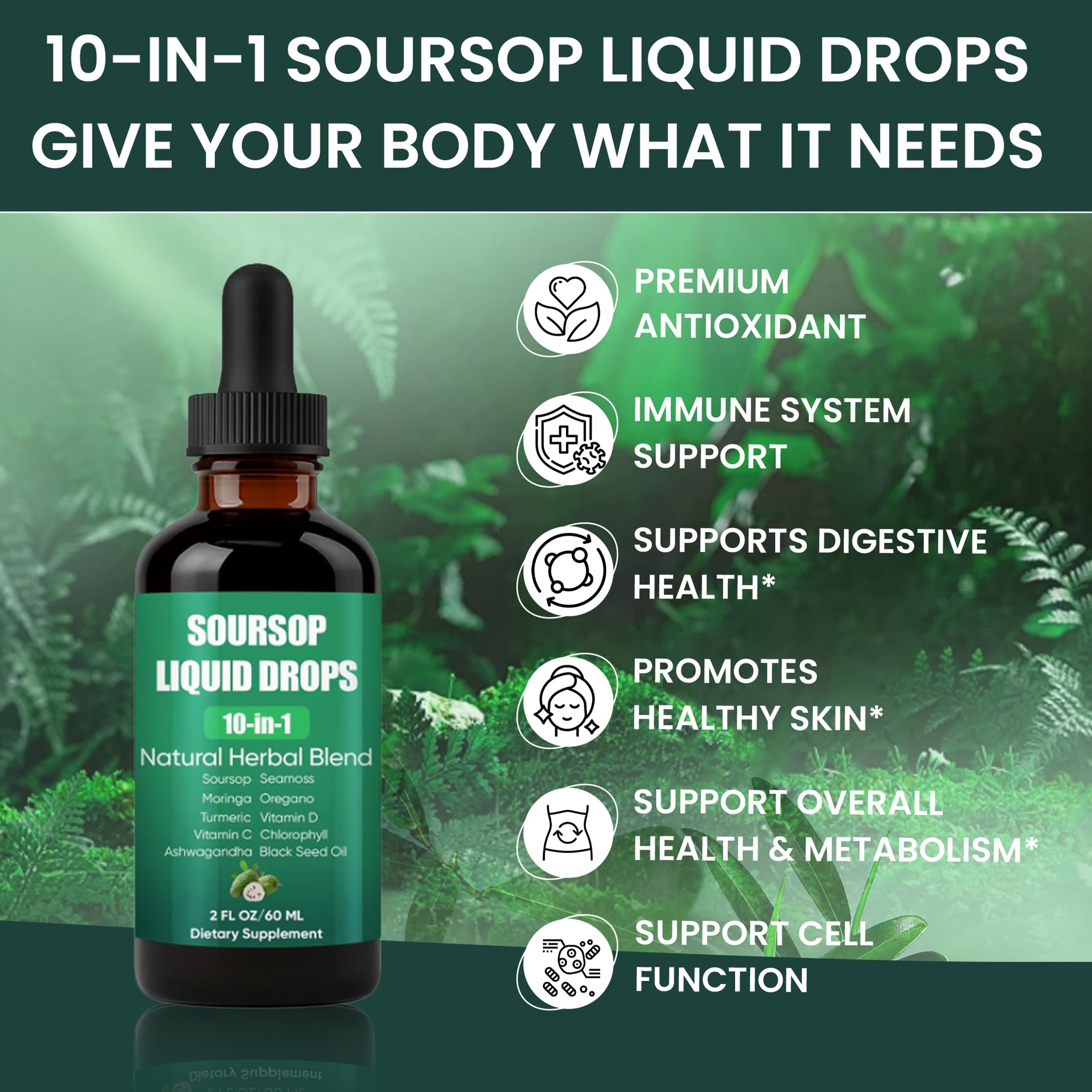 Shwfhi Soursop 10-in-1 drops label closeup shows natural ingredients.