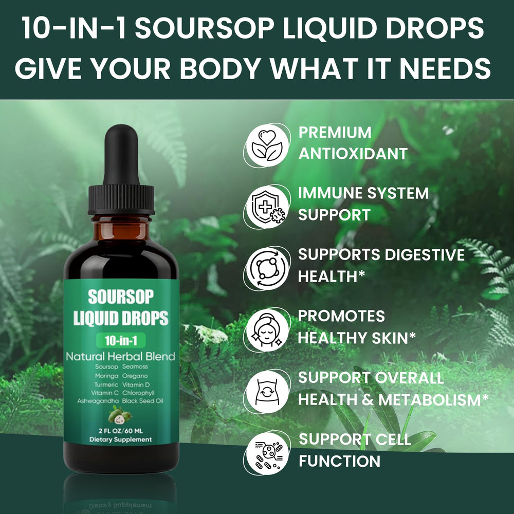Shwfhi Soursop 10-in-1 drops label closeup shows natural ingredients.