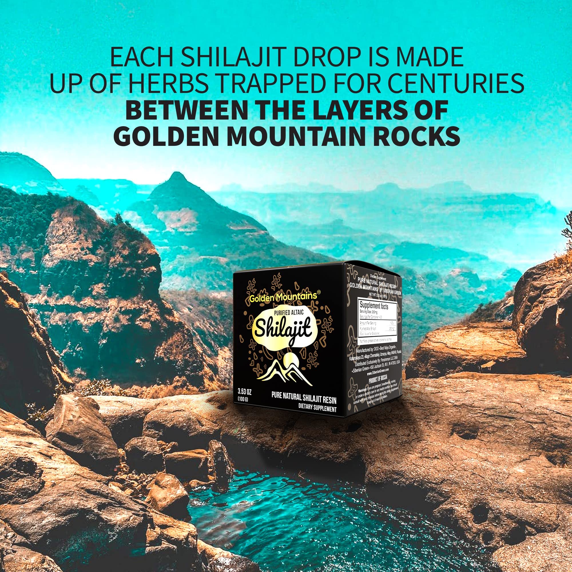Siberian Green Altai mountains backdrop emphasizes natural origin and purity.