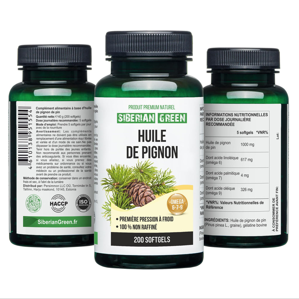 Siberian Green Pine Nut Oil capsules ready for daily routine with water