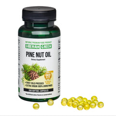 Close up of Siberian Green Pine Nut Oil softgels with smooth texture