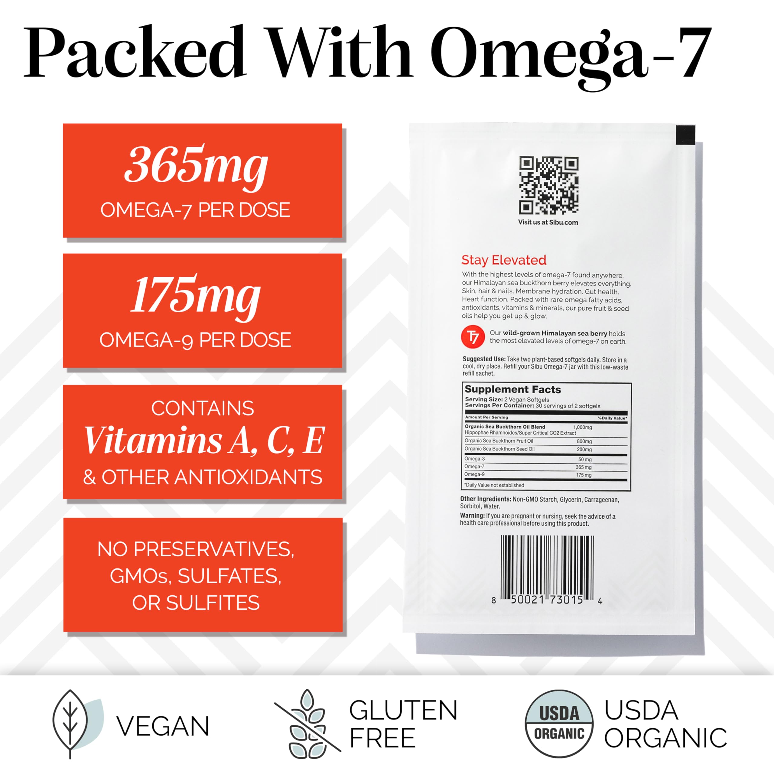 Nutritional facts card highlights Omega-7 and vitamins A C E