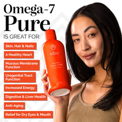 SIBU Omega-7 Pure juice in glass highlights bright color signaling rich carotenoids