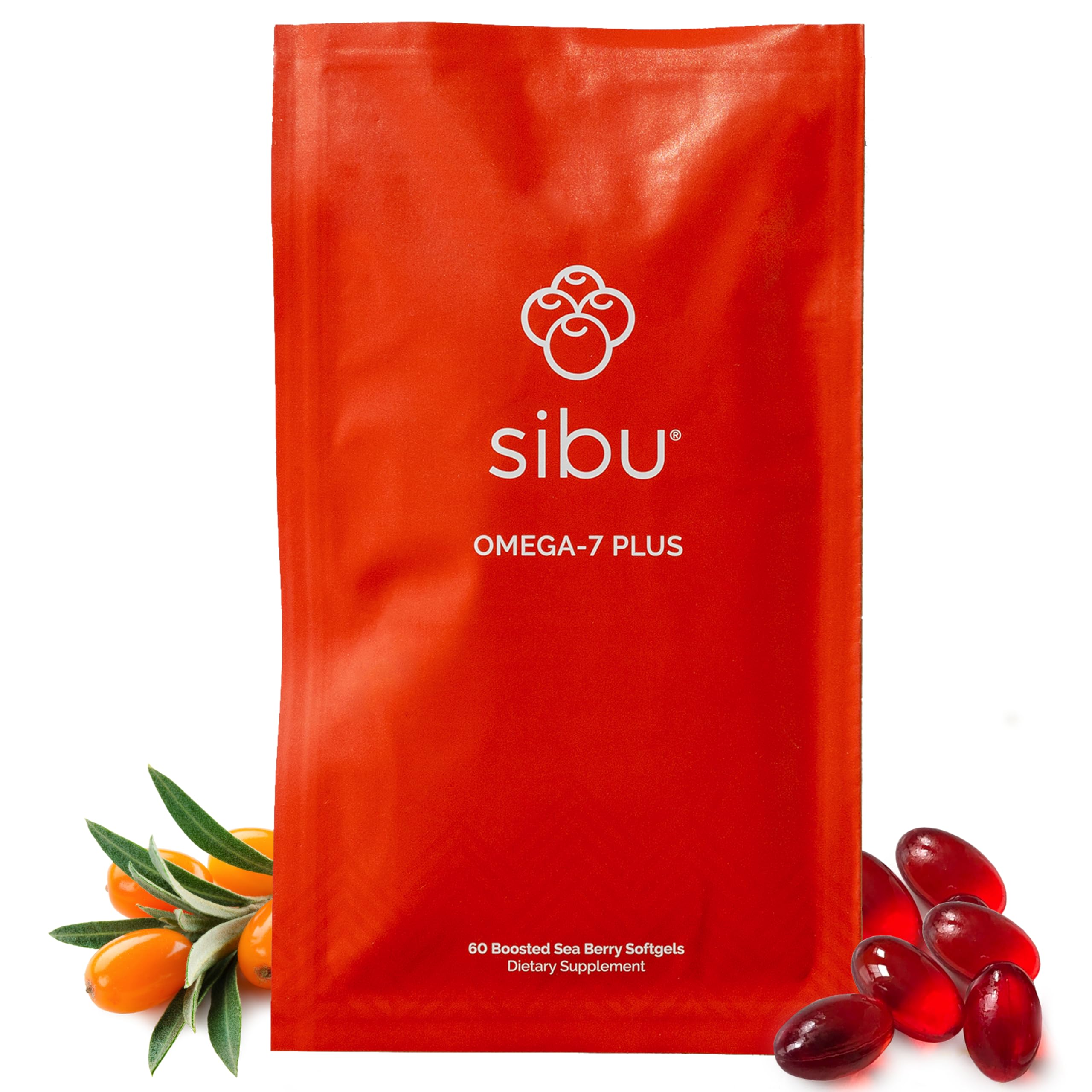 Sibu Sea Buckthorn Omega-7 Plus bottle with golden softgels.