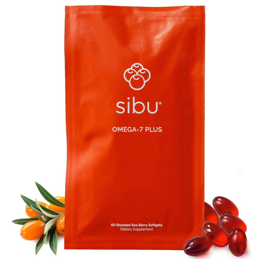 Sibu Sea Buckthorn Omega-7 Plus bottle with golden softgels.