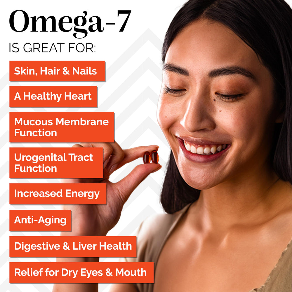 Sibu Sea Buckthorn Omega-7 softgel label detail confirms organic and fair-trade sourcing.