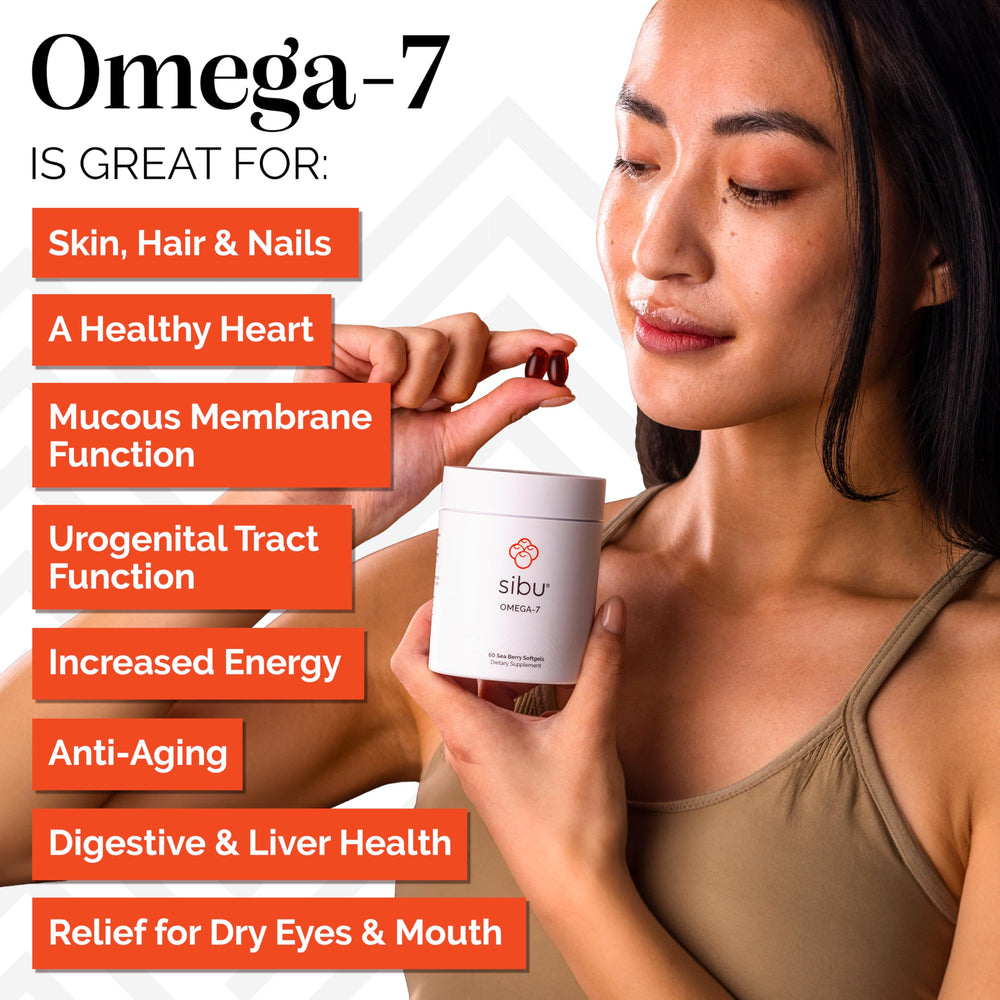 Packaging shot of Sibu Sea Buckthorn Omega-7 softgels highlighting organic, fair-trade sourcing.
