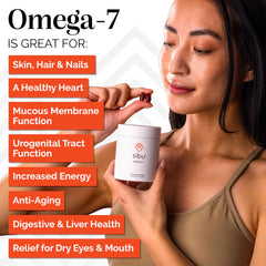 Packaging shot of Sibu Sea Buckthorn Omega-7 softgels highlighting organic, fair-trade sourcing.