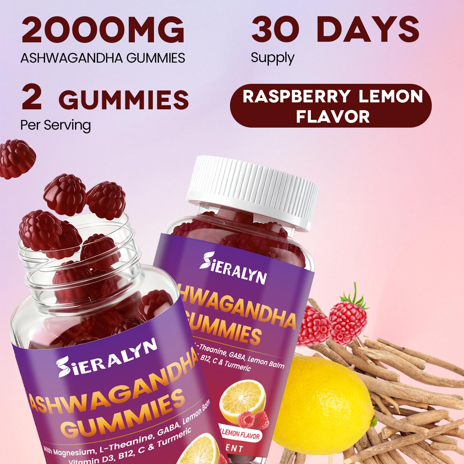 Sieralyn Ashwagandha Gummies vitamins C, D3 and B12 for immune support