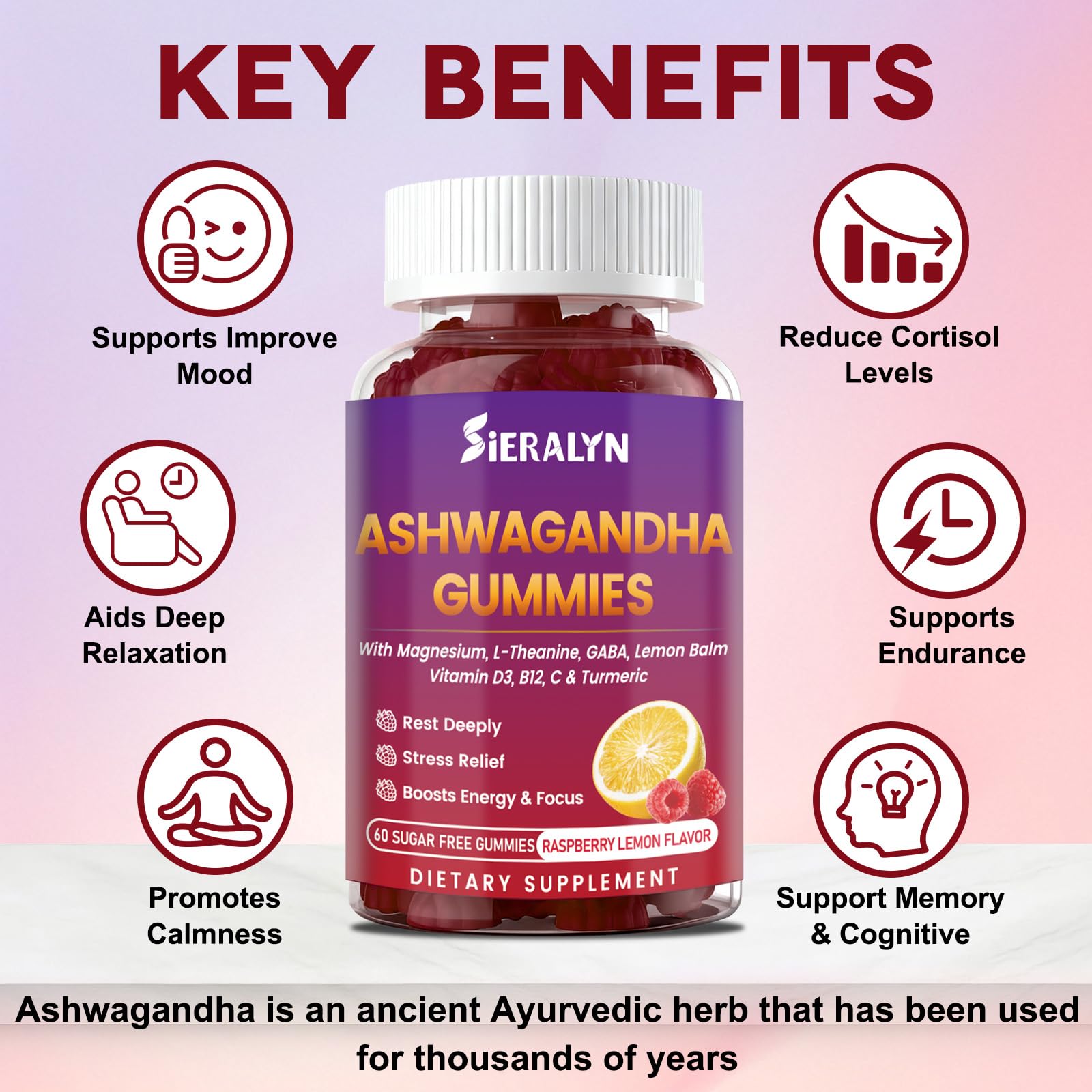 Sieralyn Ashwagandha Gummies ingredients blend with L-Theanine and GABA for relaxed focus