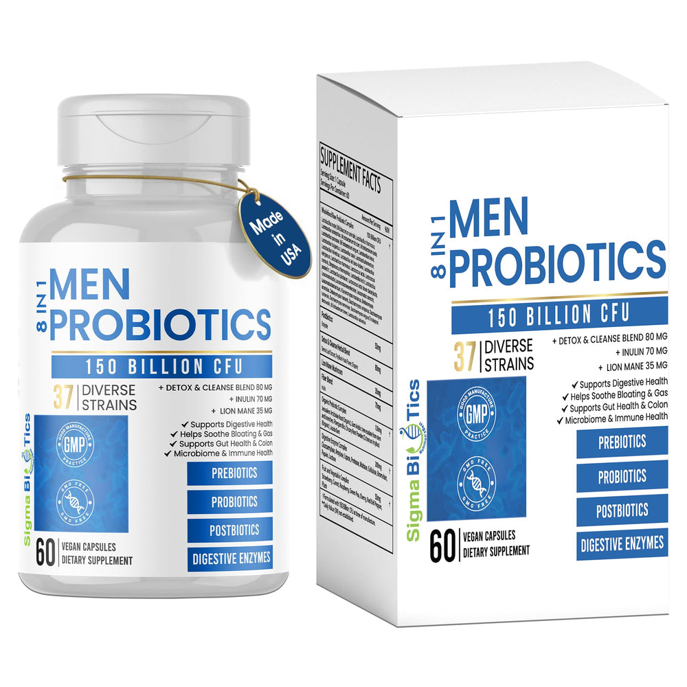 SigmaBiotics Probiotics Men bottle displaying 150B CFU for daily gut balance and immune support.