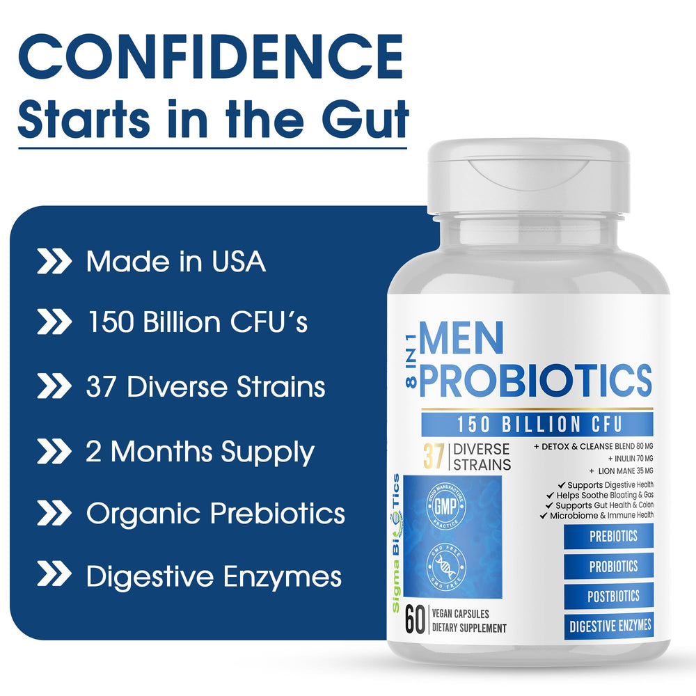 SigmaBiotics Probiotics Men 37 strains label suggesting diverse gut support and balance.