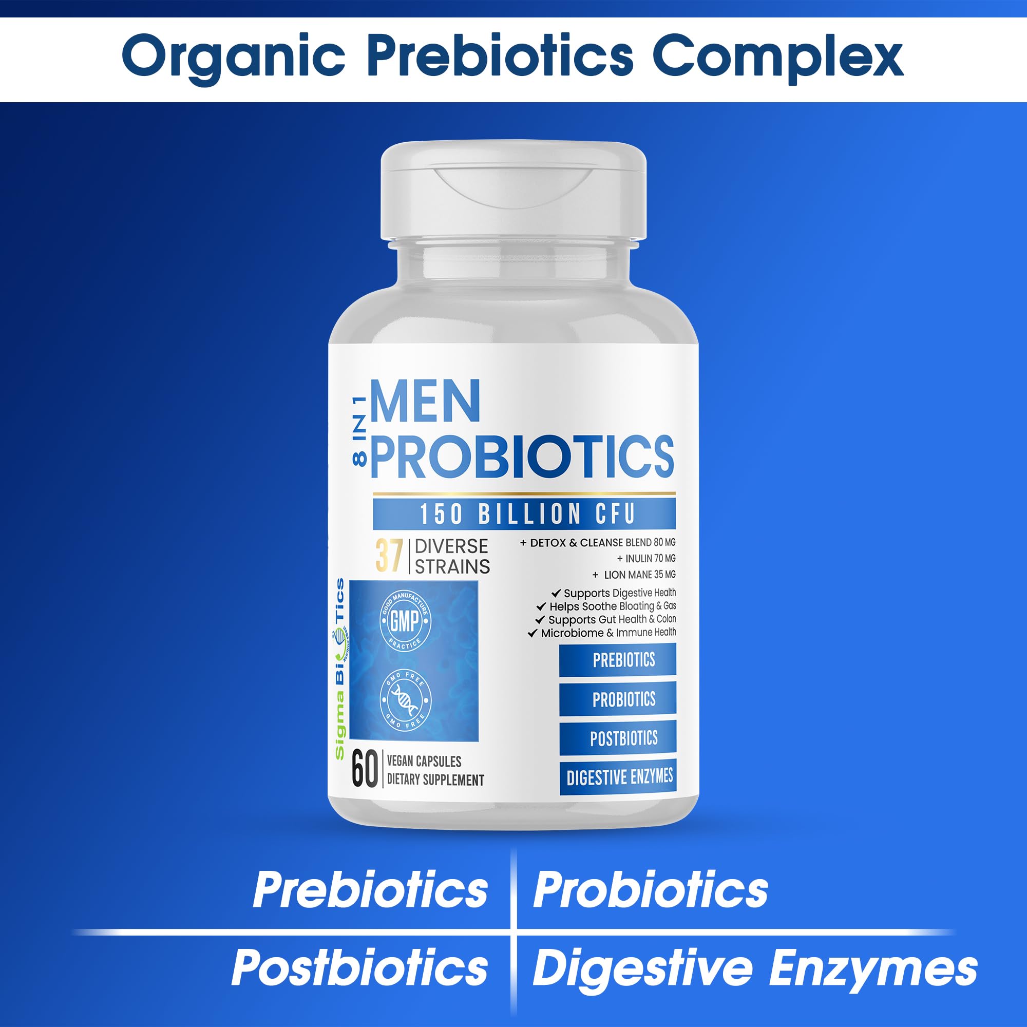 SigmaBiotics Probiotics Men postbiotics guide image for gut comfort and resilience.