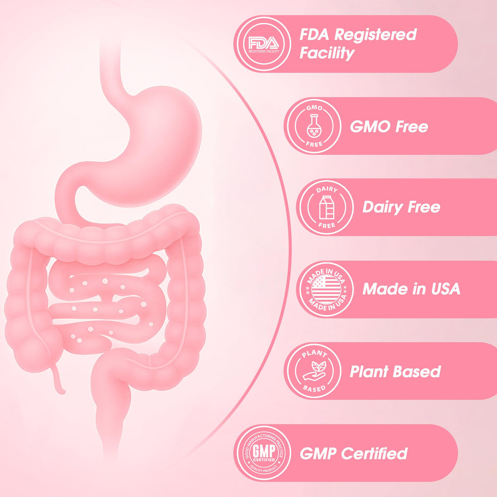 Digestive enzymes and Jerusalem Artichoke prebiotics shown in the ingredient section