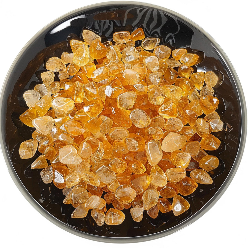 Hands holding SigMntun citrine chips for scale and texture reference.
