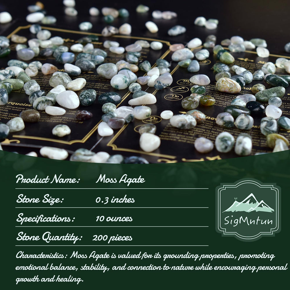 SigMntun moss agate chips in a jar, natural tones ideal for crafts.