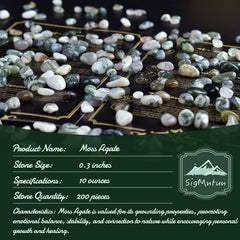 SigMntun moss agate chips in a jar, natural tones ideal for crafts.