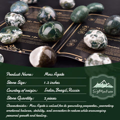 SigMntun moss agate crystal, 1-2 inch tumbles for handheld grounding and focus.