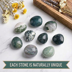 SigMntun natural moss agate in-hand display for mindful breathing and mood balance.