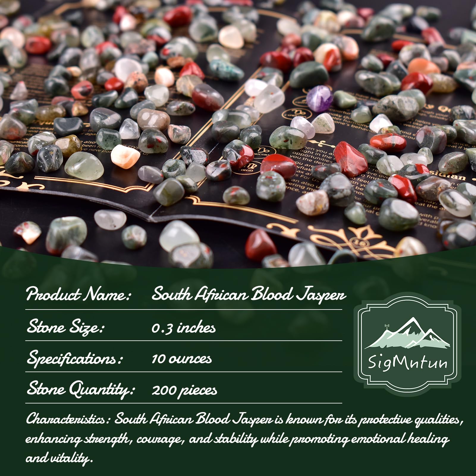 SigMntun Blood Jasper chips arrangement highlights versatile decor uses.