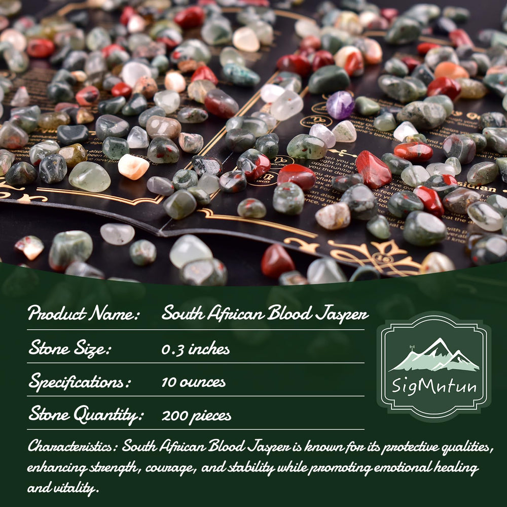 SigMntun Blood Jasper chips arrangement highlights versatile decor uses.