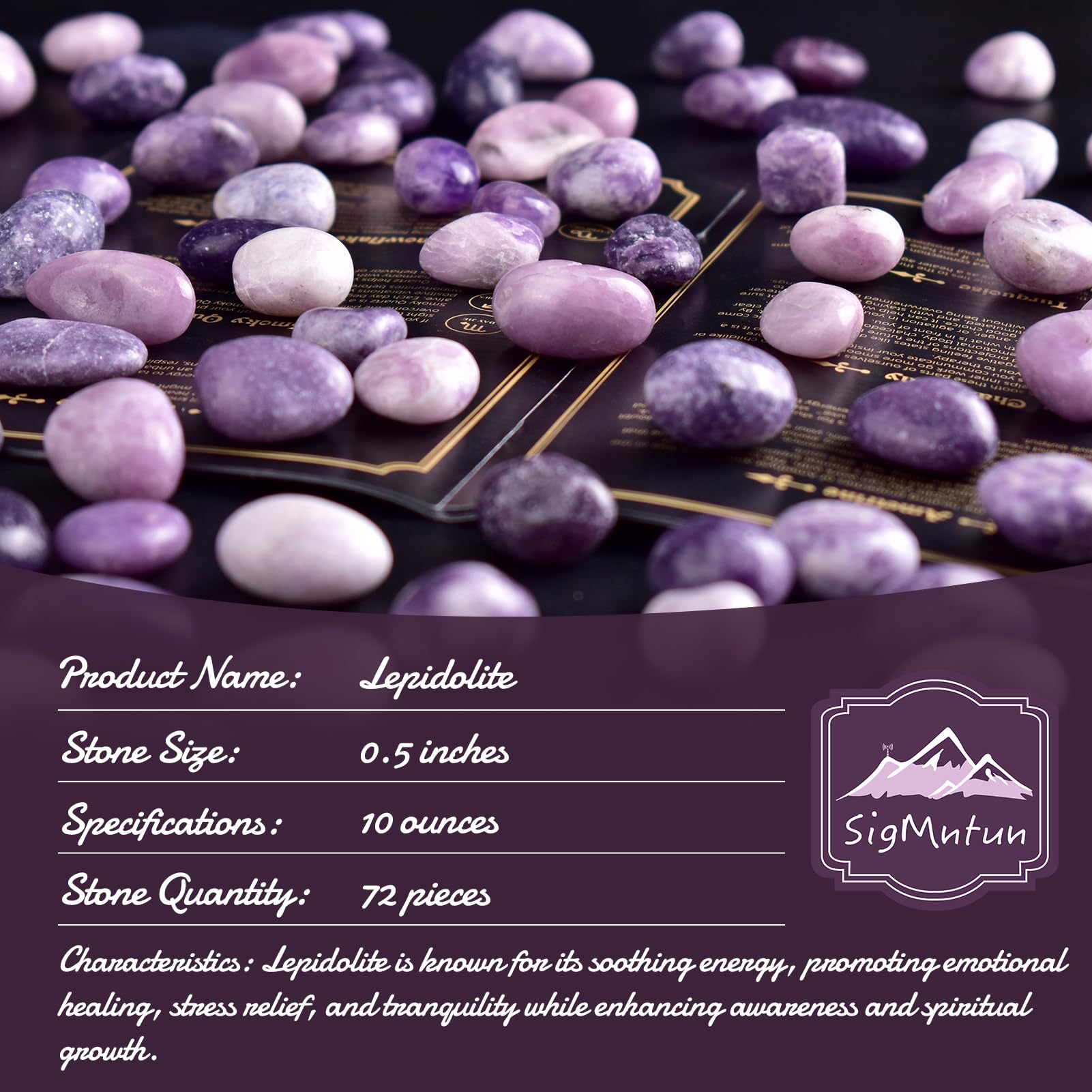 SigMntun polished Lepidolite stones with a smooth glossy finish.