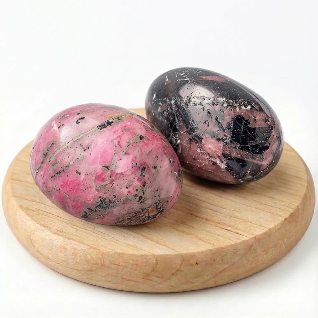 SigMntun polished rhodonite worry stone two piece set for calming focus and on the go relief