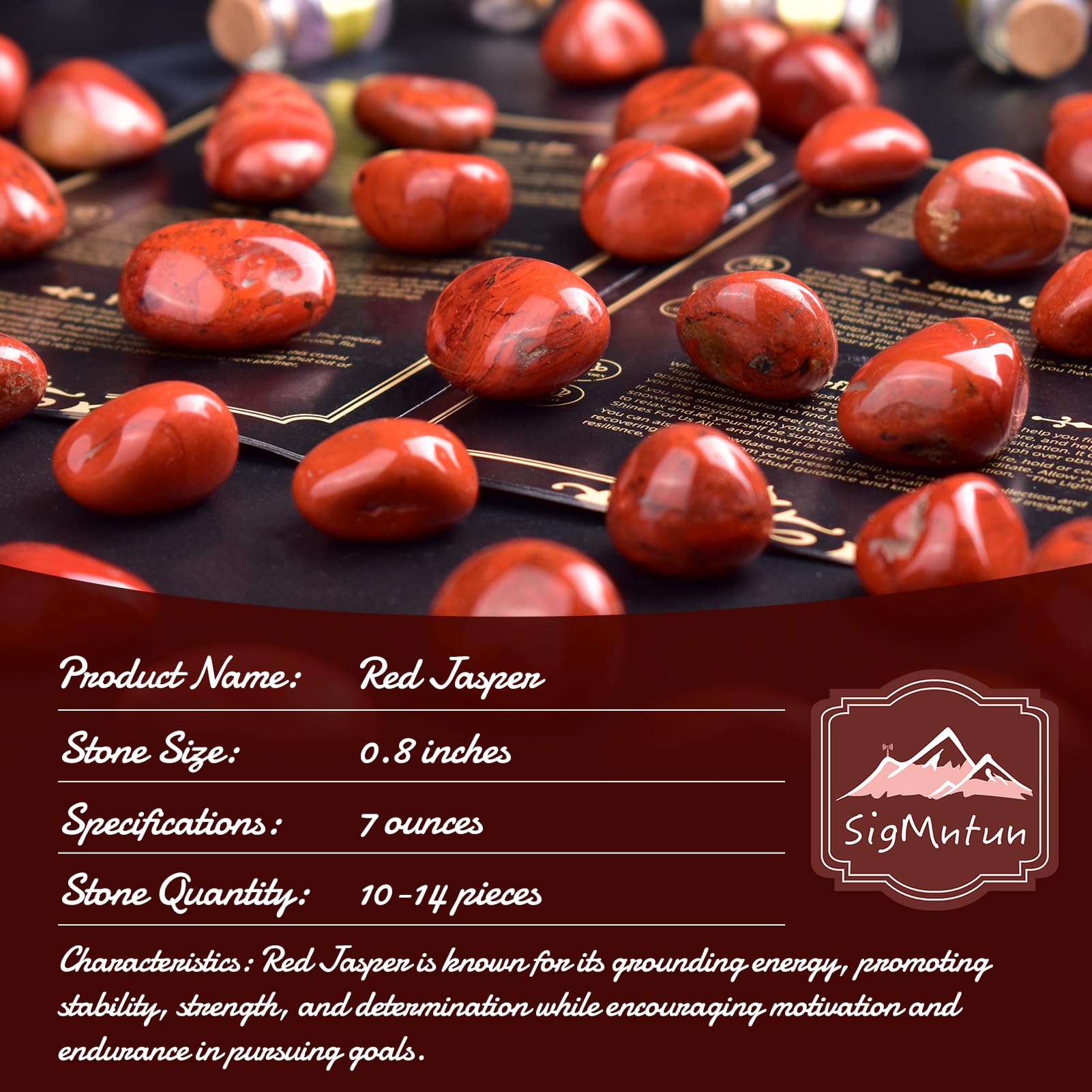 SigMntun red jasper polished stones add warm color to home decor display.