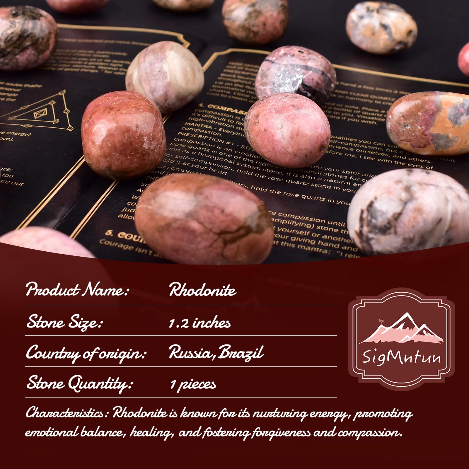 SigMntun Rhodonite palm stone closeup highlighting glossy finish for hand comfort