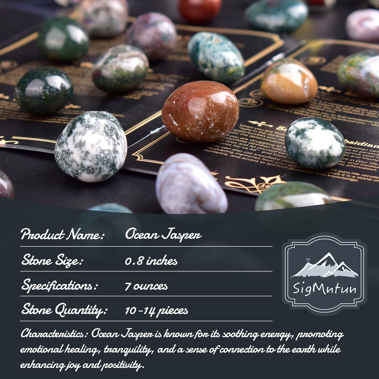 SigMntun Ocean Jasper polished stones layout shows varied color patterns ideal for display.