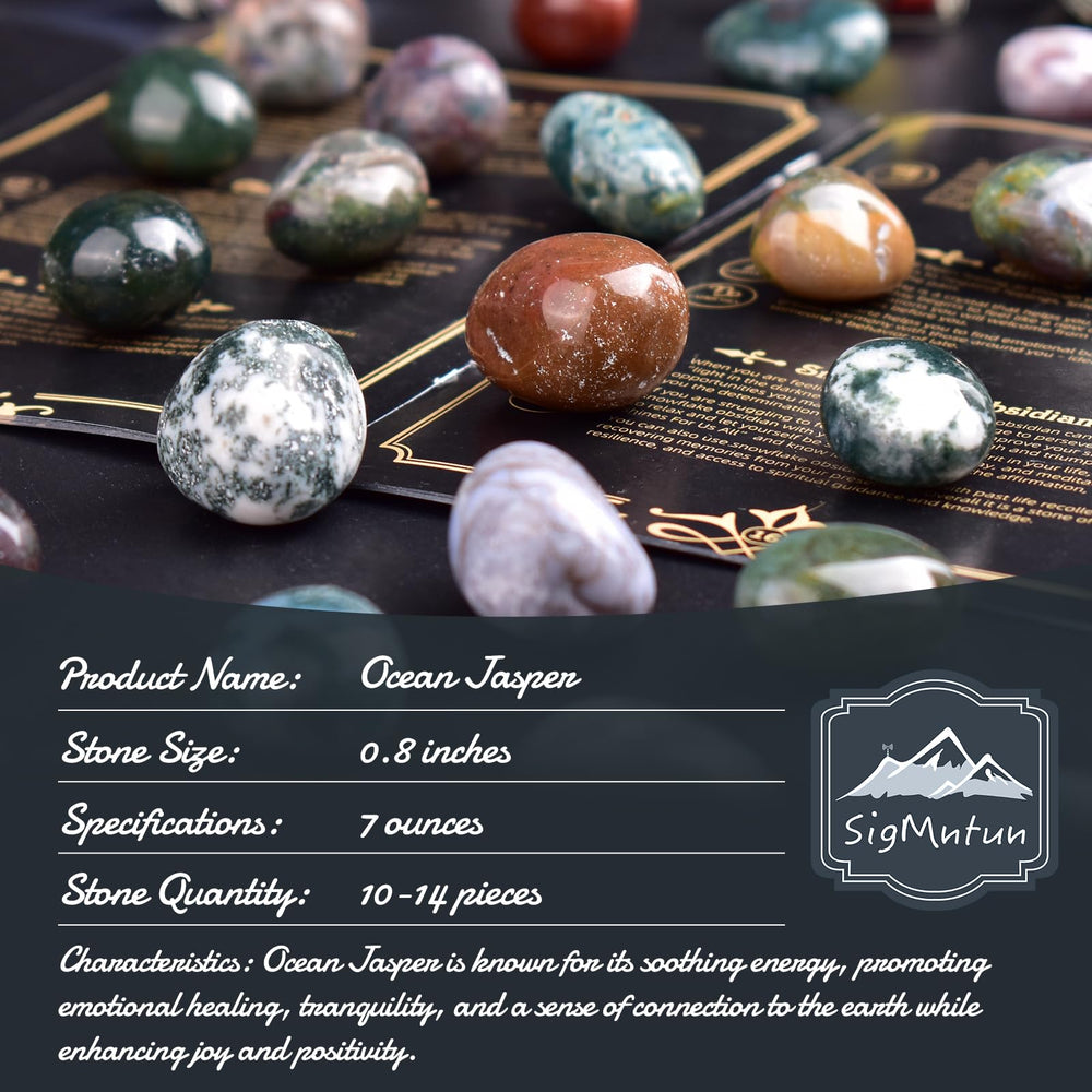 SigMntun Ocean Jasper polished stones layout shows varied color patterns ideal for display.