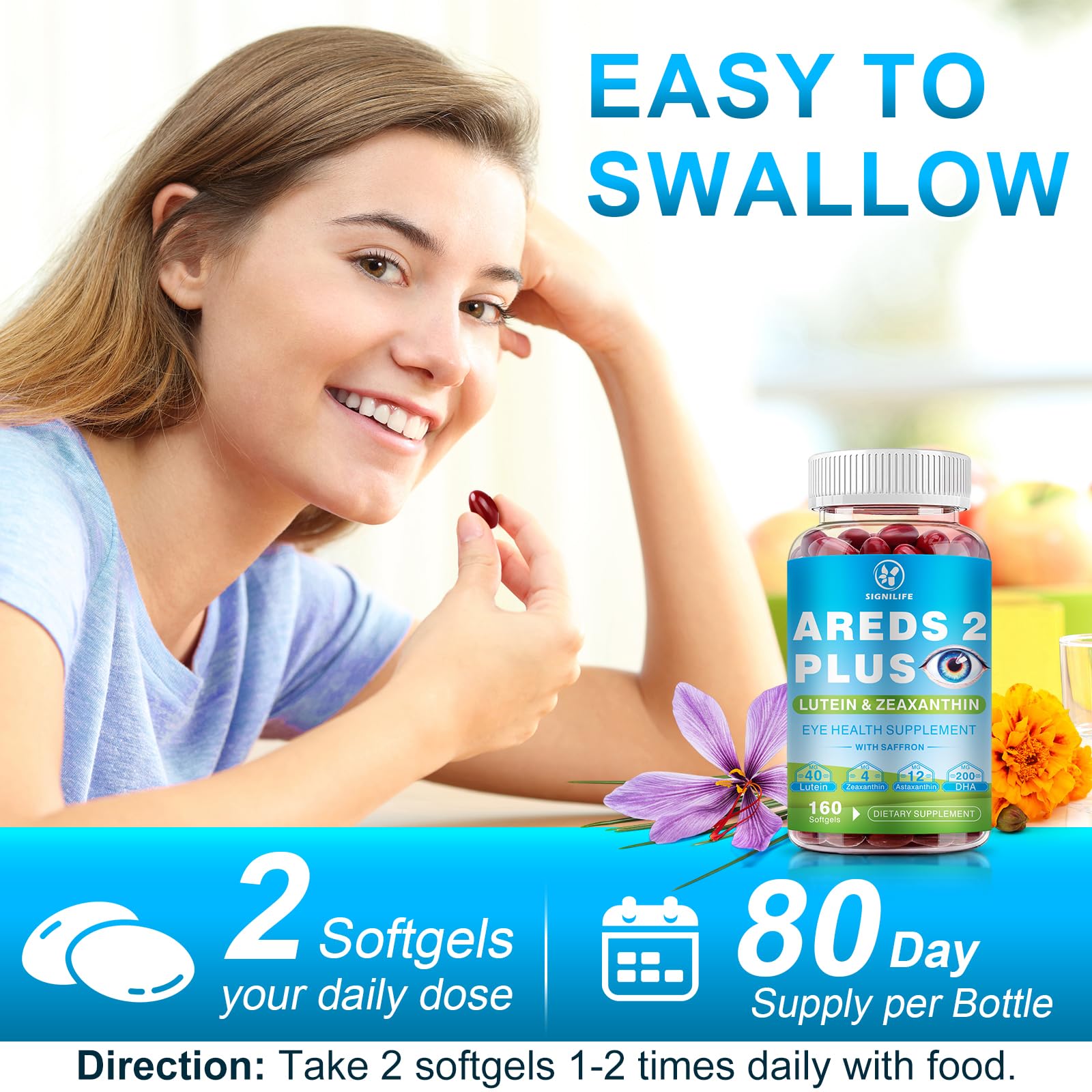 SIGNILIFE AREDS2+ eye vitamins bottle with pill organizer conveys convenient daily regimen