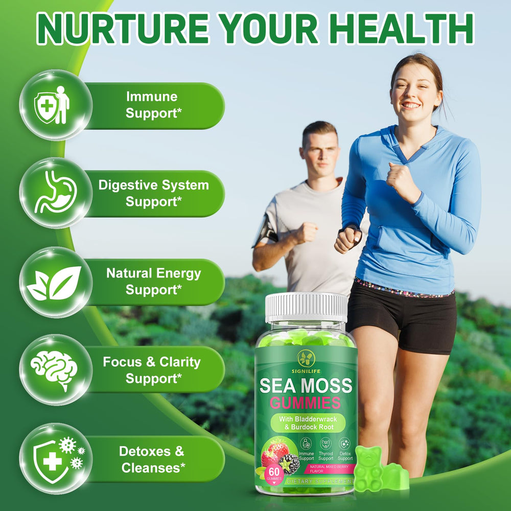 SIGNILIFE Sea Moss Gummies ingredients panel highlighting burdock root and bladderwrack for mineral support.