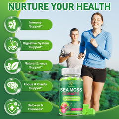 SIGNILIFE Sea Moss Gummies ingredients panel highlighting burdock root and bladderwrack for mineral support.