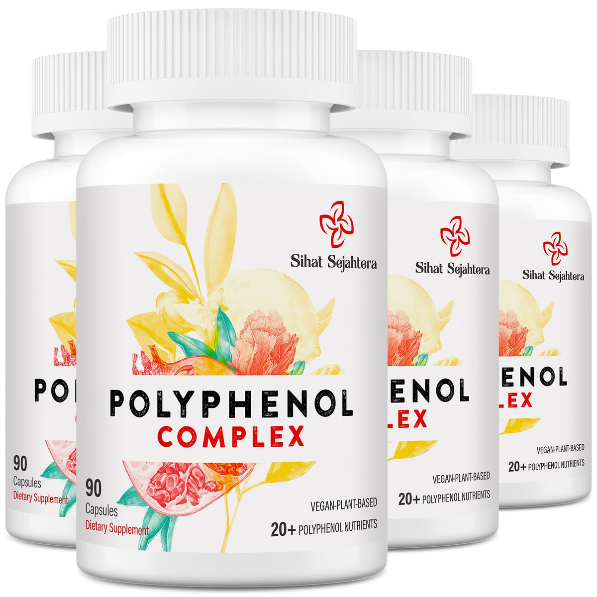 Sihat Sejahtera polyphenols bottle close-up shows a plant-based antioxidant formula for daily wellness.
