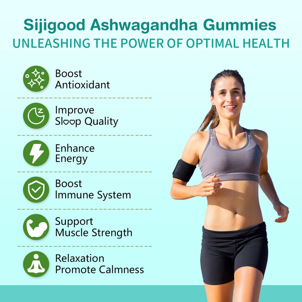 Sijigood Ashwagandha gummies bottle shows ingredients for wellness support