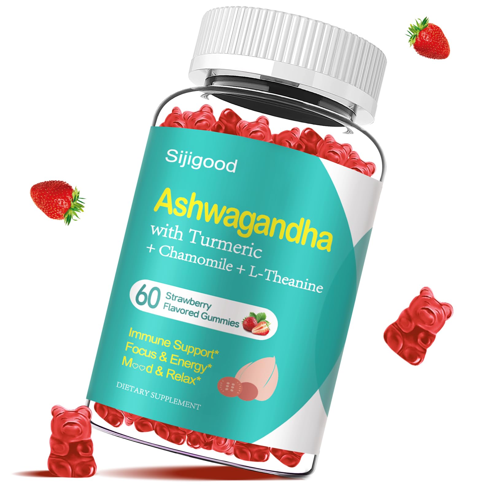 Sijigood Ashwagandha Gummies strawberry flavor bottle close-up for calm focus