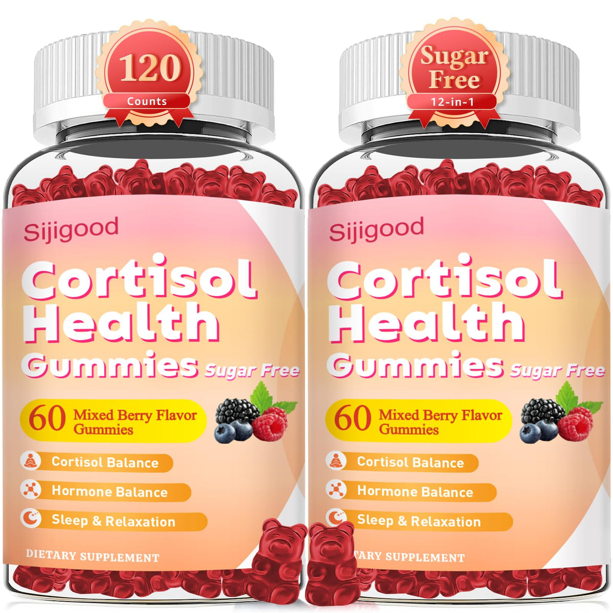 Sijigood cortisol gummies bottle front with mixed berry flavor and potential stress support