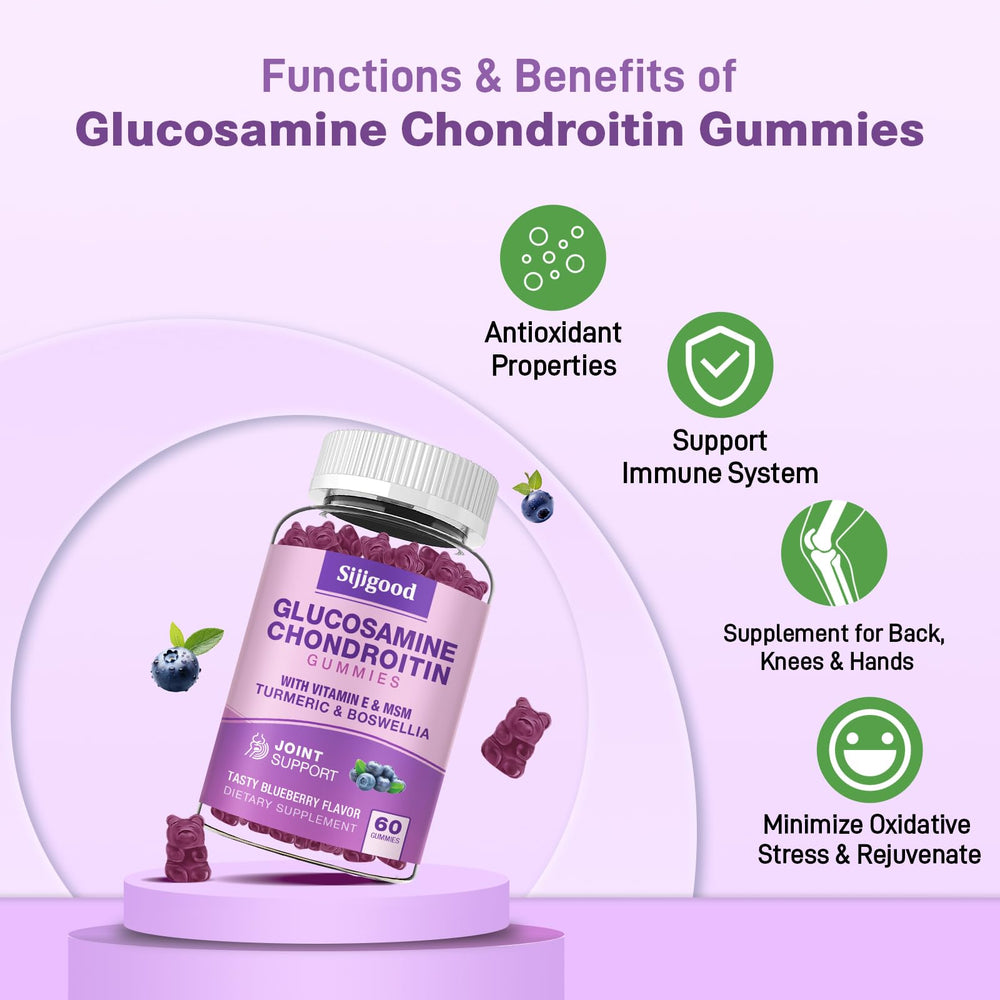 Sijigood Glucosamine Chondroitin Gummies packaging communicates gluten-free and dye-free quality