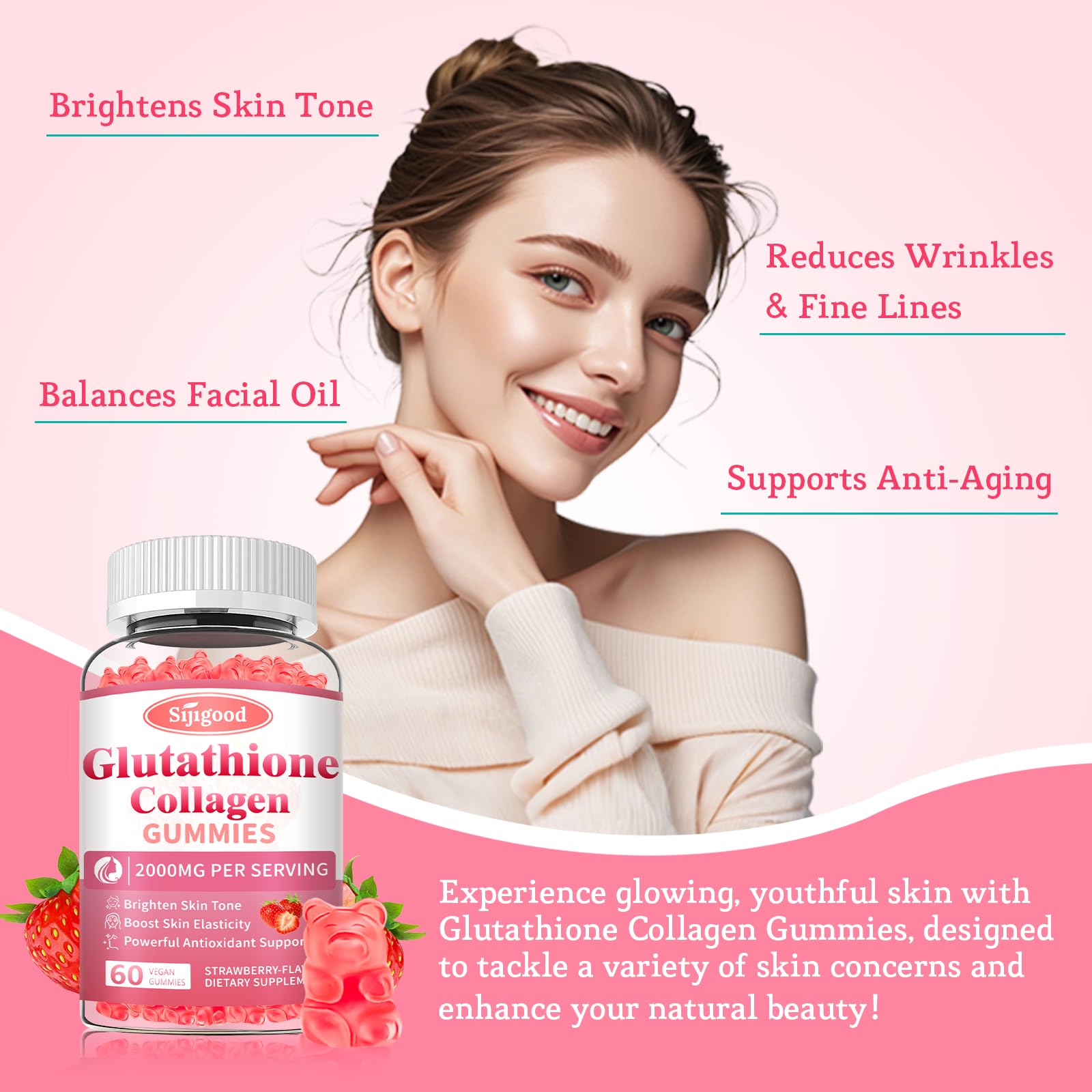 Sijigood Glutathione Collagen Gummies on vanity highlighting hair, skin, and nails benefits.