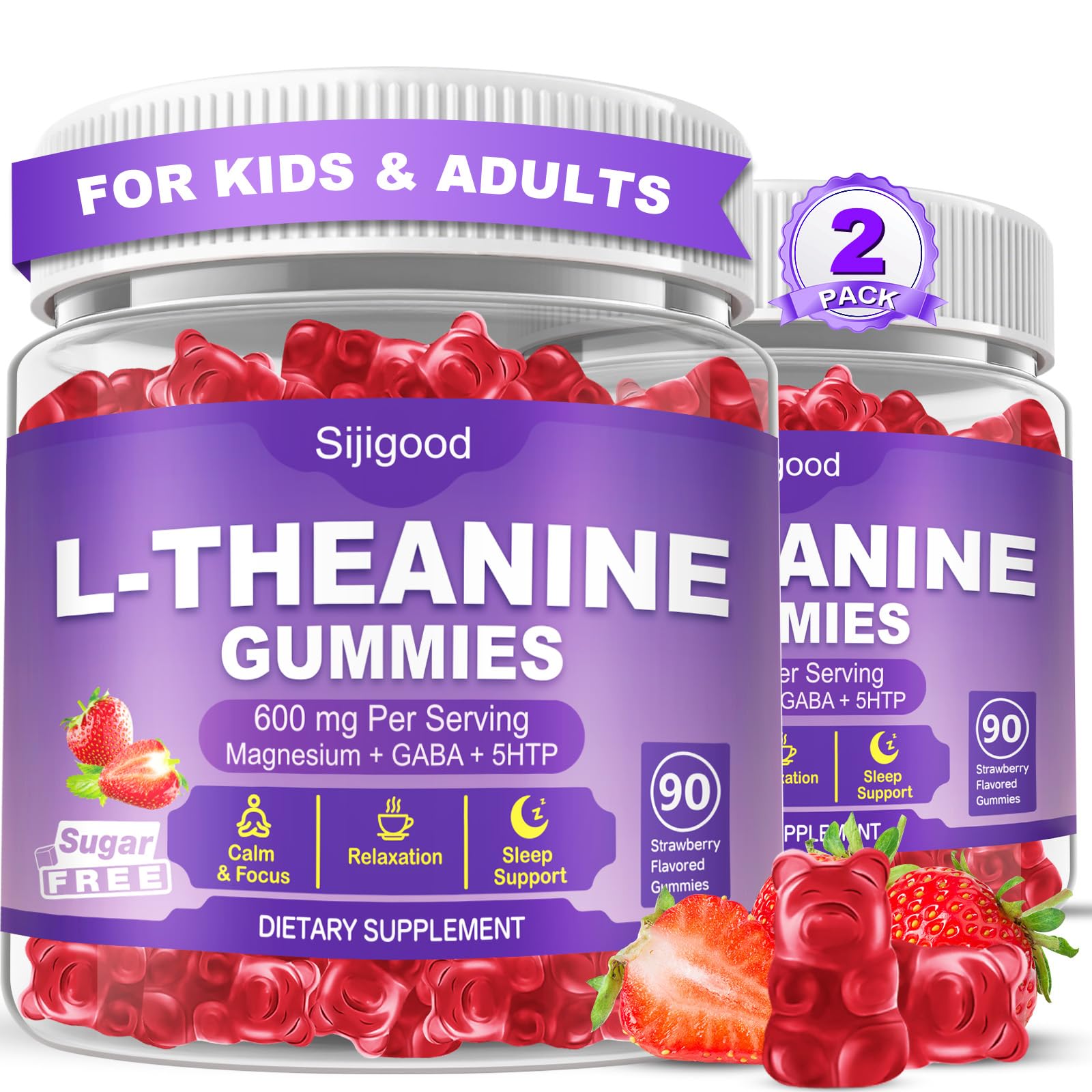 Sijigood L-Theanine Gummies bottle close-up for calm focus during a busy day.